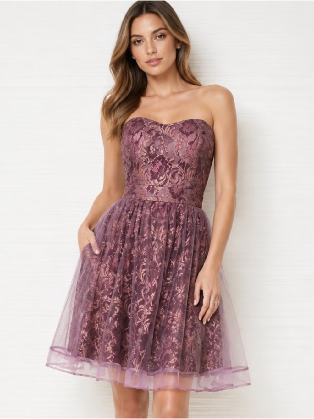 MINUET Strapless Dress Organza Mesh Fit Flare Party Purple